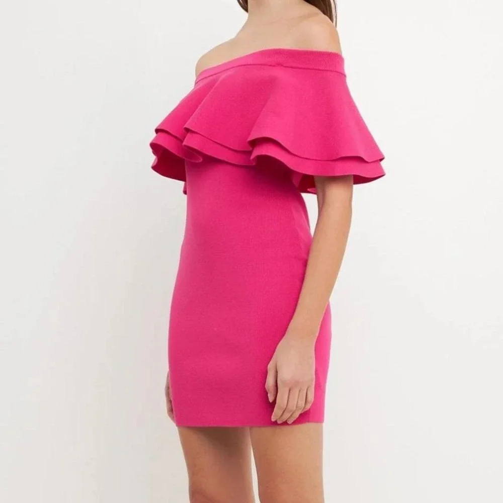 Endless Rose Fuchsia Pink Off the Shoulder Ruffle Knit Bodycon Mini Dress M